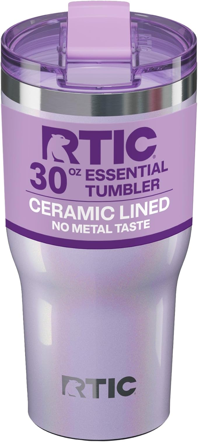 RTIC 30oz Essential Tumbler with Lid, Ceramic Lined, Insulated, Stainless Steel, Metal, Double Wall Vacuum-Insulation, Travel Cup for Iced Coffee, Tea, Hot and Cold Drink, Lavender Glitter