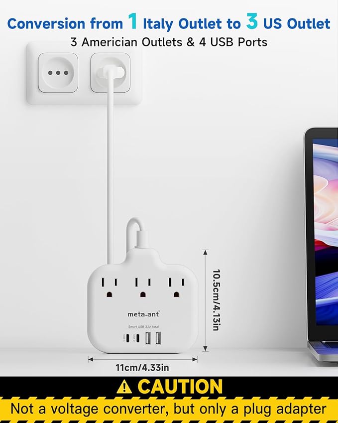 Italy Travel Plug Adapter with 3FT Extension Cord, meta-ant Italy Power Adapter with 3 American Outlets 4 USB Ports(2 USB-C), Type L Adapter for US to Italy Chile Ethiopia Libya Syria Tunisia Uruguay