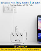Italy Travel Plug Adapter with 3FT Extension Cord, meta-ant Italy Power Adapter with 3 American Outlets 4 USB Ports(2 USB-C), Type L Adapter for US to Italy Chile Ethiopia Libya Syria Tunisia Uruguay