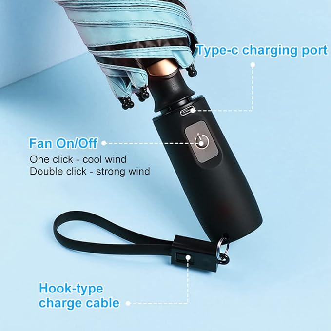 WOOLALA【Newly UV Portable Cooling UPF 50+ Foldable Umbrellas with Fan for Sun & Rain, USB Rechargeable for Games, Playgrond, Heatstroke, Hot Days