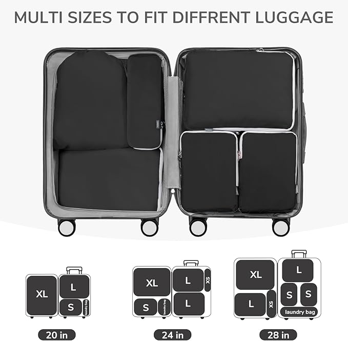 CherryNow Compression Packing Cubes, 7 Set Packing Cubes for Travel, Suitcase Organizers, Luggage Essentials, Travel Bags for Shoes, Clothing, Black