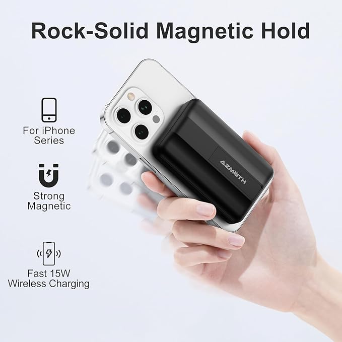 Azmuth Wireless Portable Charger with Stand, 10000mAh Magnetic Power Bank, 22.5W USB-C Fast Charging Battery Pack with Digital Display Compatible with iPhone 15/14/13/12 Series (Black), KT-D022