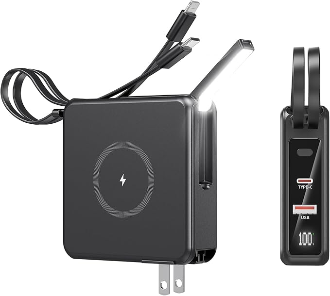 Wireless Charging Portable Charger with Built-in Cables & AC Wall Plug, 10000mAh Power Bank with LED light, PD 22.5W Fast Charging Travel Portable Charger for iPhone, Samsung, Android(No-Magnetic)