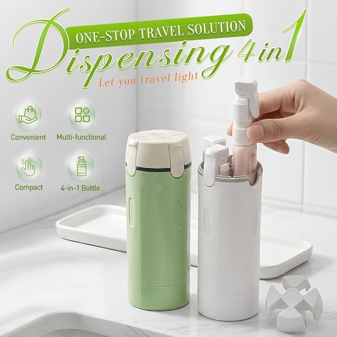 4 in 1 Travel Dispenser, Travel Bottles for Toiletries, Squeeze Leak Proof Dispenser Bottles with Scale and Label for Shampoo Lotion Shower Gel, Suitable for Travel, Camping and Gym(1 PC, Green)