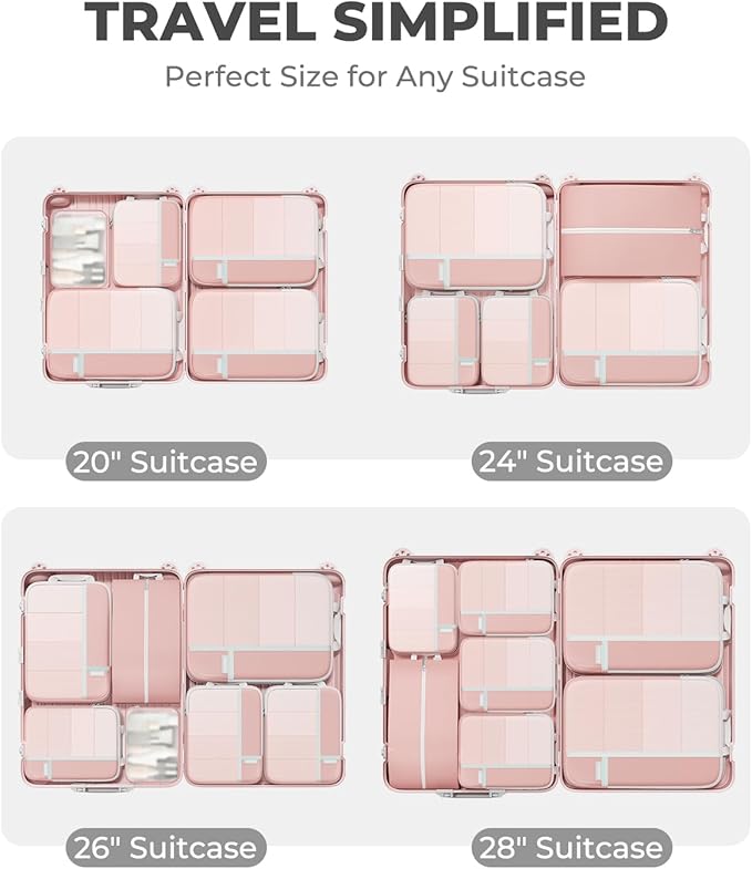 Percover Compression Packing Cubes 4-Piece Set, Packing Cubes Compression for Travel with Label Pockets, Travel Organizer for Carry On & Checked Luggage, Pink