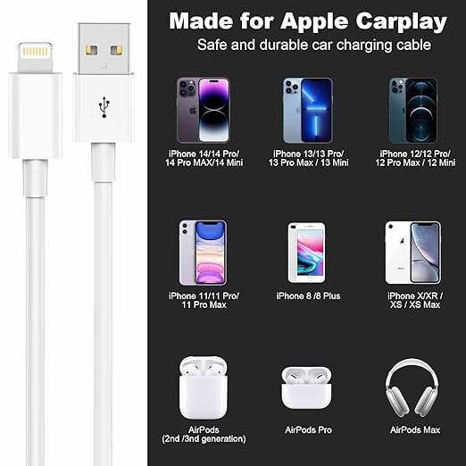 Car Apple Carplay Cable，USB A to Lightning Cable 3FT Compatible with iPhone 14 13 12 11 Pro Max XR XS X Charger Cord，Car Charging Cord