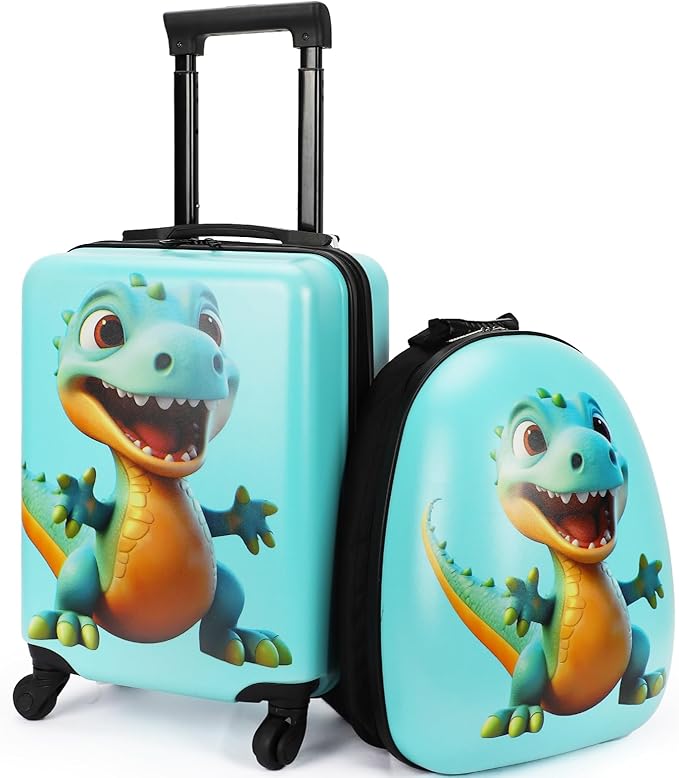 emissary Kids Luggage with Wheels, Hardside Toddler Carry On Suitcase Set, Lightweight Rolling Travel Bag for Boys and Girls, Airline Approved Travel Gifts - Blue Dinosaur