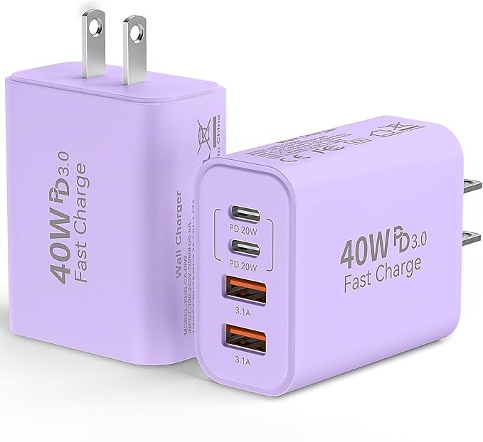 USB C Wall Fast Charger Block, 40W 4-Port Type C Charger Fast Charging Blocks PD Power Charger Adapter+QC 3.0 USB Multiport Charger Brick for Phone 17/16/15/14/13/12 Pro Max, Pad, Galaxy S25-Lavender