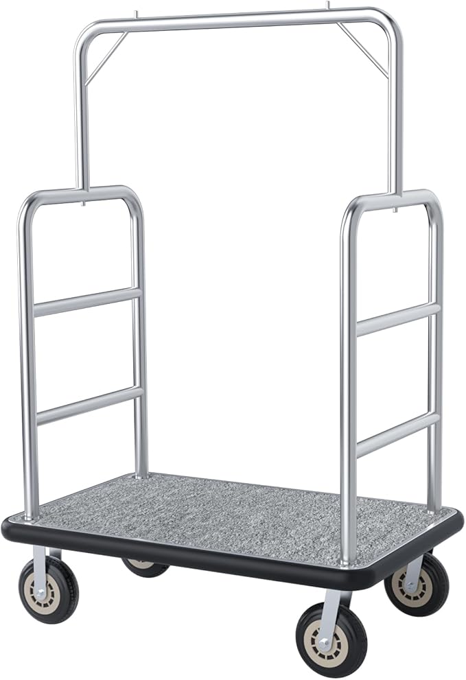 Hotel Luggage Cart Commercial Grade Brushed Stainless Steel, 900LBS Heavy Duty Bellman's Cart with 8" Rubber Wheels & Grey Carpeted Deck Luggage Trolley for Hotels Resorts (Silver, 42"× 26" × 70'')