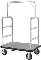 Hotel Luggage Cart Commercial Grade Brushed Stainless Steel, 900LBS Heavy Duty Bellman's Cart with 8" Rubber Wheels & Grey Carpeted Deck Luggage Trolley for Hotels Resorts (Silver, 42"× 26" × 70'')