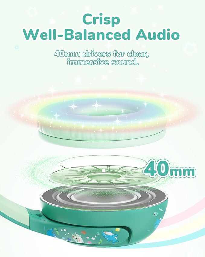 iClever BTH27 Toddler Headphones for 2+ Year Old-CPC Certified, 75/80dBA Safe Volume Limited, 74H Playtime, Bluetooth 5.4, BPA Free, Kids Bluetooth Headphones Aux Cord for Travel iPad, Green