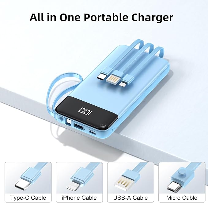 Portable Charger Built-in Cables,10000mAh Power Bank for iPhone,Fast Charge USB C Battery Pack Travel Essentials Slim Lightweight Powerbank Compatible with iPhone 17/16/15/14, Samsung, Android, etc