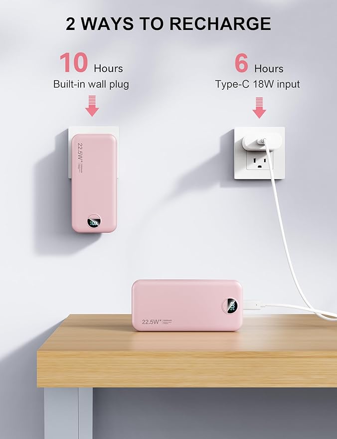 Portable Charger, 20000mAh 22.5W Fast Charging Power Bank with Built-in Cables & Wall Plug, USB C External Battery Pack with LED Display, Travel Essentials Phone Charger for iPhone iPad Samsung Pink