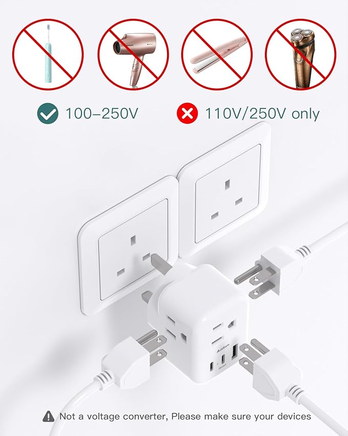 US to UK Plug Adapter 3 Pack, Addtam Type G Travel Plug with 3 Outlets 3 USB Ports(2 USB C), UK Power Adaptor for USA to England London British Ireland Scotland Dubai Hong Kong Kenya