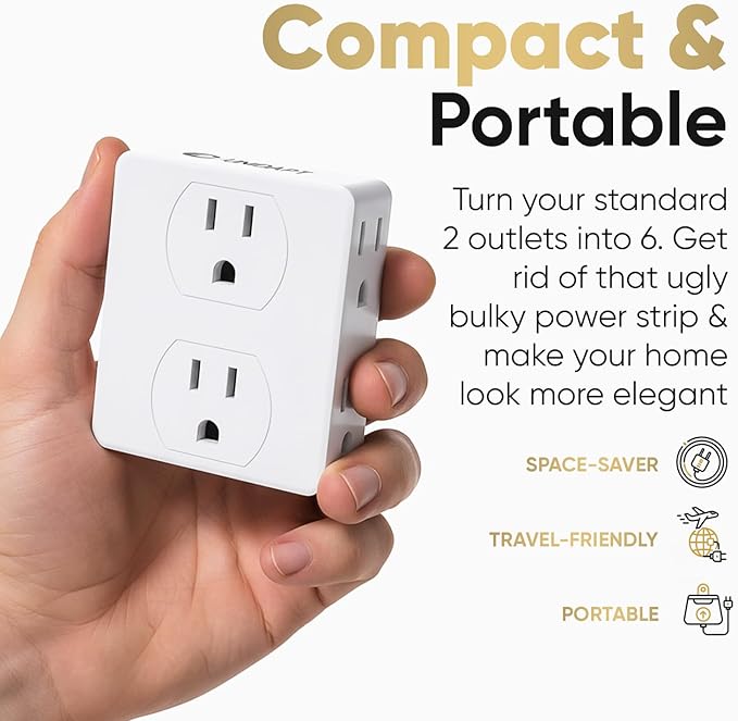 Multi Plug Outlet Splitter, Unidapt Multiple Outlets Extender Adapter with 6 AC Power Socket, Side Splitter Box, Wall Tap Plug Expander for Home Hotel Office Dorm Essentials, 2-Pack