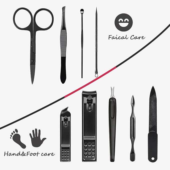 HANTEKAS Manicure Set 9 in 1 Stainless Steel, Nail Clippers Scissors Pedicure Tools Kit - Portable Travel Grooming Kit for Men and Women with Leather Case (Red-BIG Nail Clipper)