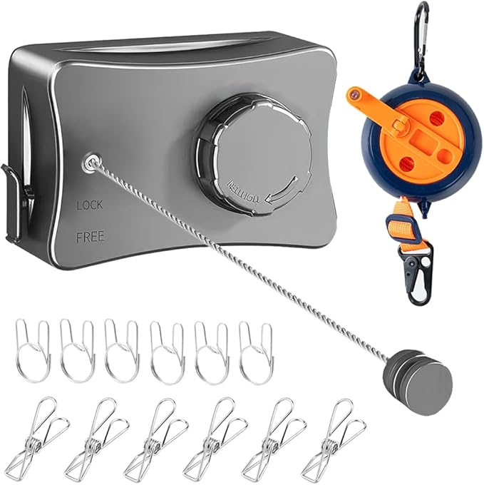Retractable Clothesline Indoor Outdoor Clothes Line Kit, Heavy Duty Clothes Drying Laundry Line 16.7ft Wall Mounted Drying Rack Non-Sagging Air Dry Clothing Travel Clotheslines (Metal Grey)