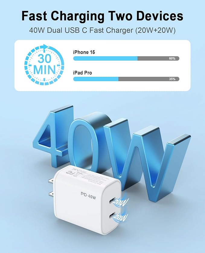 iPhone 17 16 15 Charger, 4 Pack 40W USB C Charger Dual Port Fast Charging Block (4-Pack 6 ft USB C to C Cable Cord Included) for iPhone 17 16 15 Pro Max/15Pro/15/15Plus,iPad