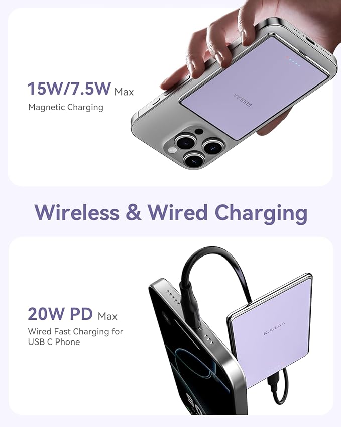 Kuulaa for MagSafe Battery Pack 5000mAh Slim Magsafe Portable Charger 0.28in Magnetic Wireless Apple Portable Charger 20W USB-C Power Delivery Power Bank for iPhone 16/15/14/13/12 Series (Purple)