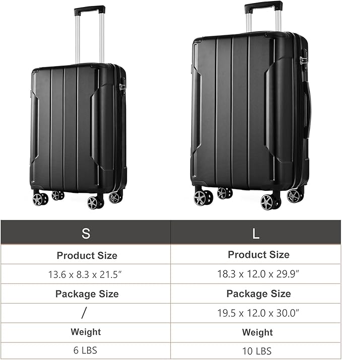 2 Piece Luggage Set, Hardside Suitcase with Spinner Wheels, TSA Lock & Expandable Hard Shell, Carry on and Checked Luggage for Travel, Maletas de Viaje for Men & Women (Black, 20+28Inch)
