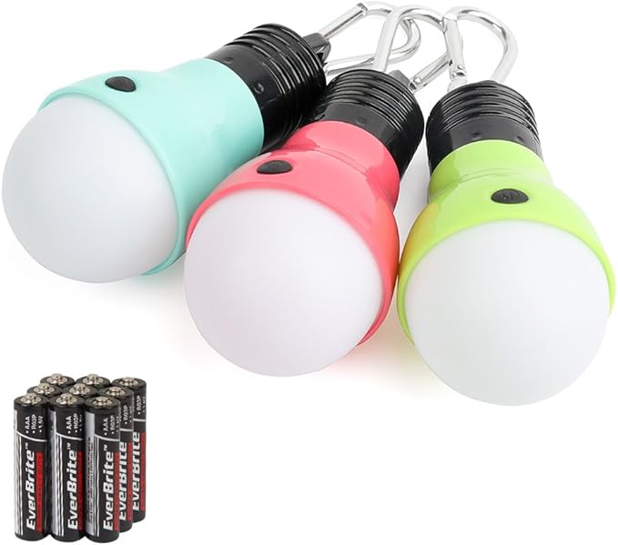 EverBrite 3-Pack Camping Lights - 3 Lighting Modes, Outdoor Portable LED Bulbs Ideal for Kids' Adventure Activities, Camping, Emergency and More, 3 x AAA Batteries Included