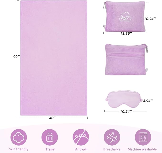 Travel Blanket, Airplane Blanket, Ultra-Soft, Warm & Lightweight, 65x40 in, Outdoor Blanket Essentials for Women, Men & Kids, Included Eye Mask, Luggage Sleeve & Backpack Clip Purple