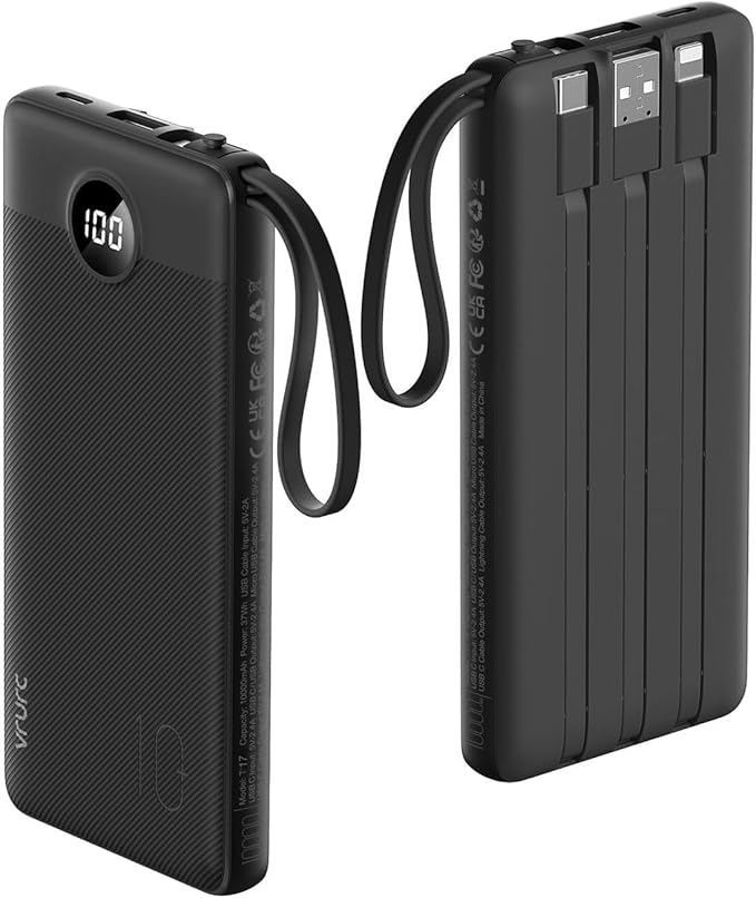 VRURC Portable Charger, 22.5W Slim Power Bank Fast Charging, 10000mAh USB C Portable Phone Charger, Compact Travel Battery Pack with Built-in Cables for iPhone 16 15 14 13, Samsung-Black(1 Pack)