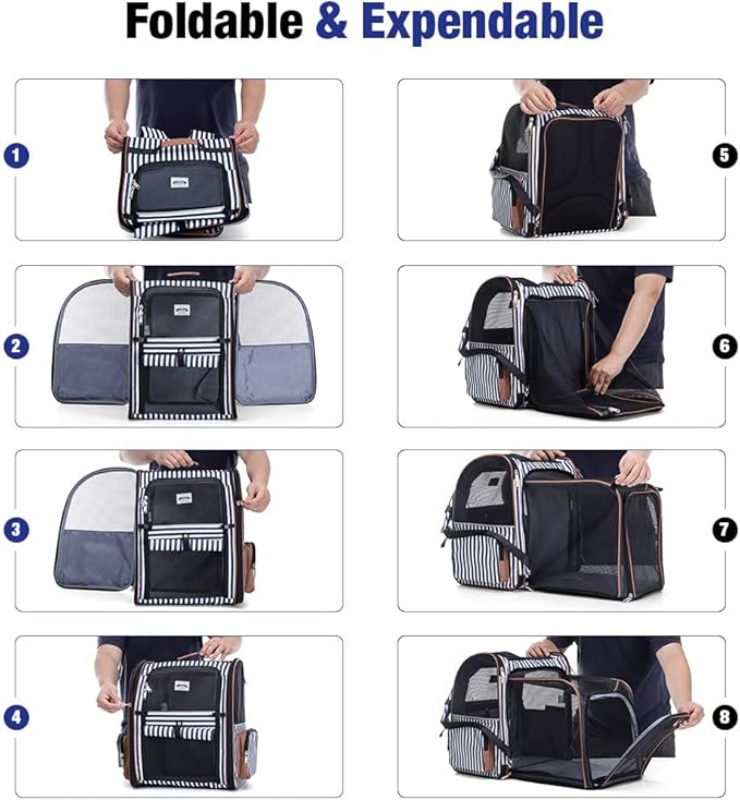 Extra Large Cat Backpack Carrier Expandable Pet Carrier Backpack for Small Dogs Medium Cats Fit Up to 18 Lbs, Dog Backpack Carrier, Foldable Puppy Backpack Carrier for Travel, Hiking,Striped