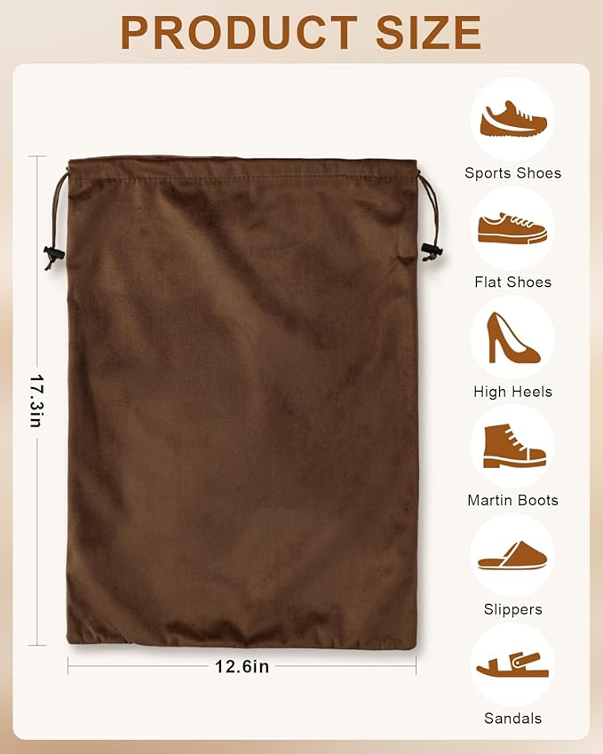 FantasyLife Shoe Bags for Travel, Washable Dust Bags for Storage & Packing, Flannel Shoe Pouch with Drawstring Closure for Purses, Handbags, Shoes & Toys (4, Mocha Mousse, 17.3"x12.6")