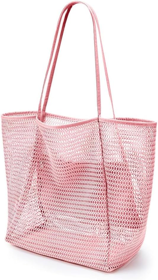 CWB&ADB Large Mesh Beach Tote Bag, Foldable Summer Handbag, Tan