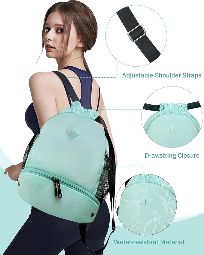 RHDZO Drawstring Backpack Gym Backpack with Shoe Compartment for Men Women String Sports Bag with Wet Pocket Cinch Swim Beach Bag, Large Mint Green