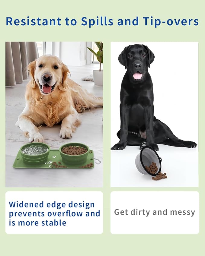 Collapsible Portable 2-in-1 Dog Bowl, Integrated Travel Dog/Cat Food Water Bowl, Silicone Foldable Expandable Bowl with Carabiner - Anti-Spill and Anti-Skid - for Camping/Traveling LPFLASAT (Green)