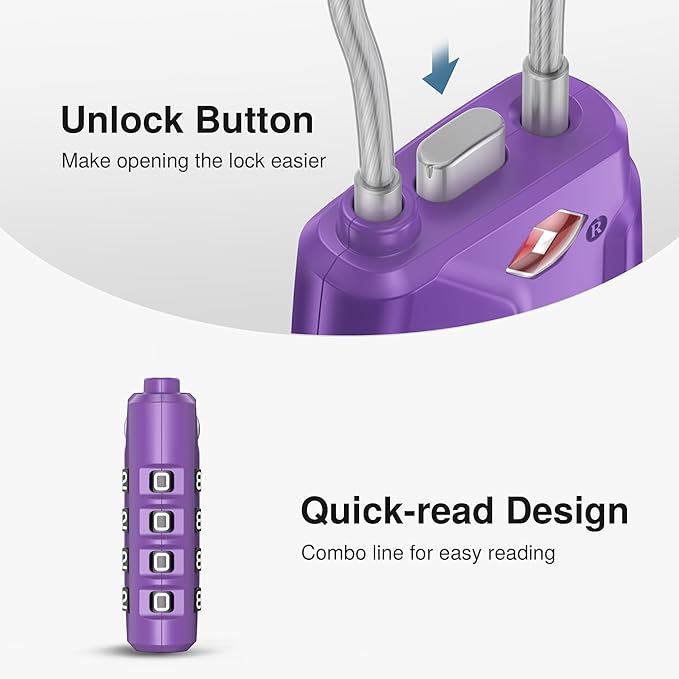 Puroma 2 Pack TSA Approved Luggage Locks, 4 Digit Combination Travel Cable Locks Resettable Code Lock with Zinc Alloy Body for Suitcase, Toolbox, Backpack, Bag, Gym Locker (Basic Purple Dark)