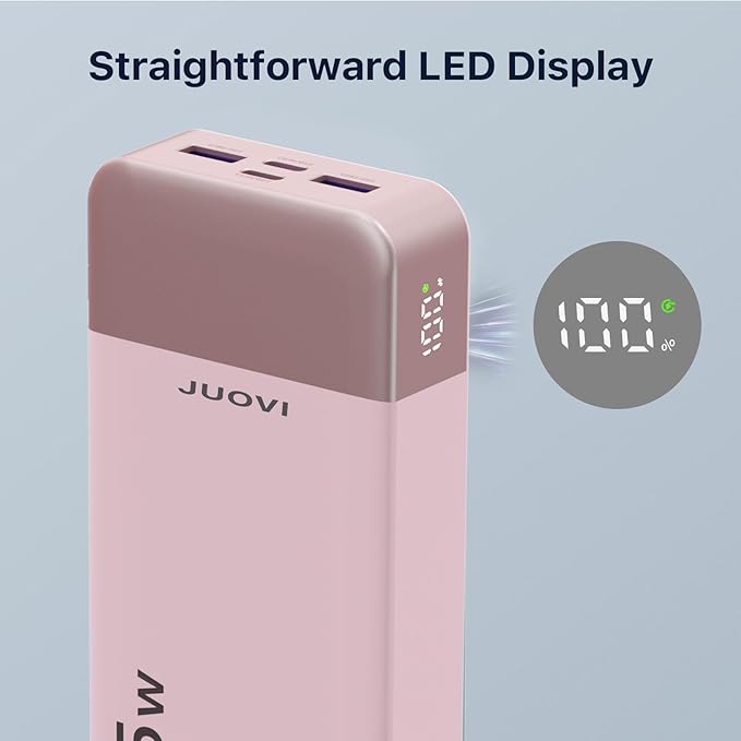 JUOVI J2651 Portable Charger, 35W 20000mAh USB C in & Out Power Bank, Battery Pack with QC4.0+PD3.0 35W High-Speed Charging for Bluetooth Earbud, Mobile Phone, Tablet (Pink)