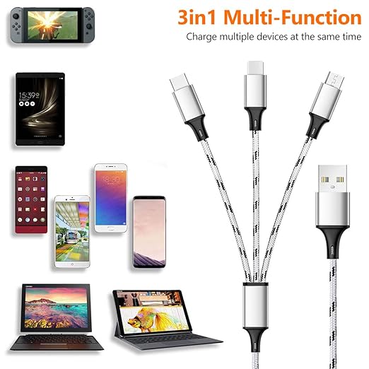 Multi Charging Cable, 5ft 3Pack Multi Charger Cable Nylon Braided Multiple USB Universal 3 in 1 Charging Cord Adapter with Type-C, Micro USB Port Connectors for Cell Phones and More