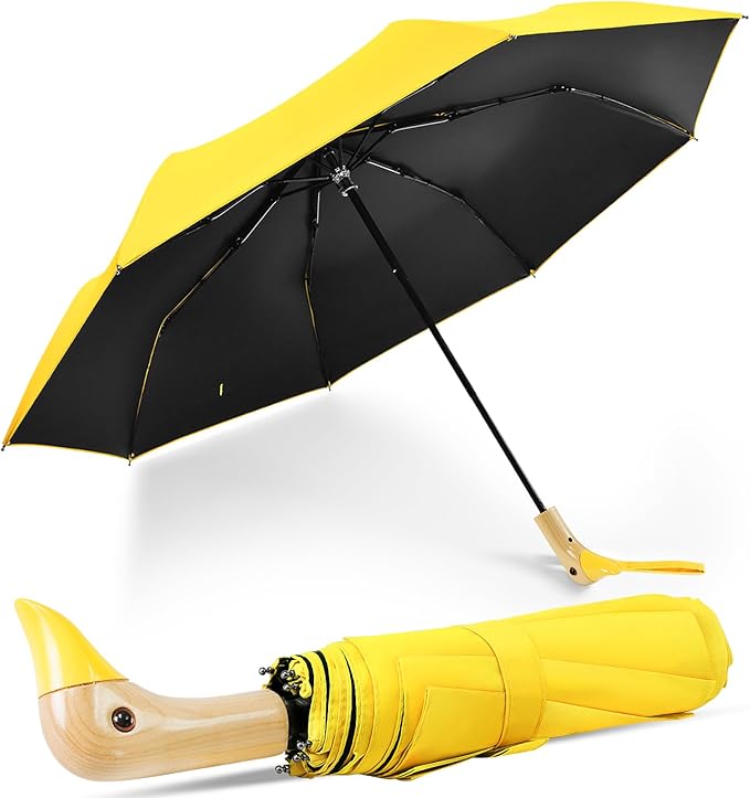 Compact Small Umbrellas for Rain&Sun, Cute Design Duck Head Umbrella for Girls Gifts, 8 Ribs Folding Umbrella with Wooden Handle