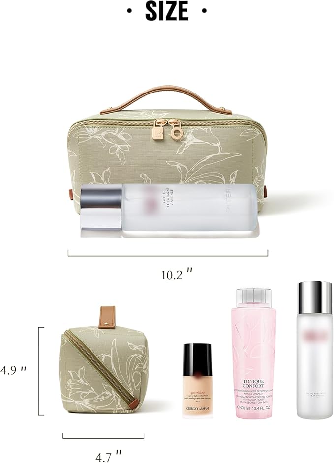 EACHY Travel Makeup Bag,Large Capacity Cosmetic Bags for Women,Waterproof Portable Pouch Open Flat Toiletry Bag Pattern Makeup Bag (F-Green-Large)