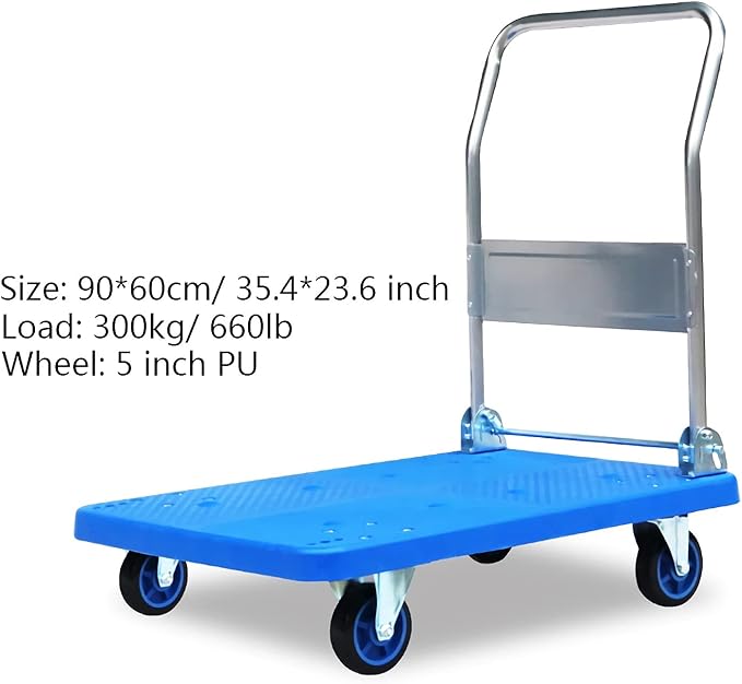 Heavy Duty Flatbed Hand Cart with Mute Wheels Foldable Metal Handle Ideal for Transporting Baggage & Books 300 Size Plastic Platform Truck Push Trolley for Moving