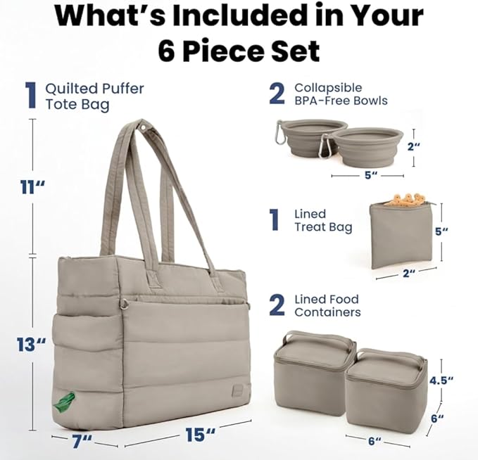 rubyloo Puffer Dog Travel Bag for Dog Moms – Doggy Diaper Bag with Pet Bowls & Food Storage or Everyday Puffy Tote – Doggy Mom Gifts for Women – Lightweight, Travel-Ready Gift for Pet Lovers - Khaki