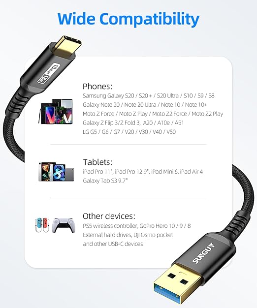 SUNGUY Android Auto USB C Cable, 5FT Braided 3A Fast Charging & 10Gbps Data Transfer USB C CarPlay Cable, Compatible with iPhone 17/16/15 Pro Max, Galaxy S22 S21 Note 20, Pixel 6 5 (Black)