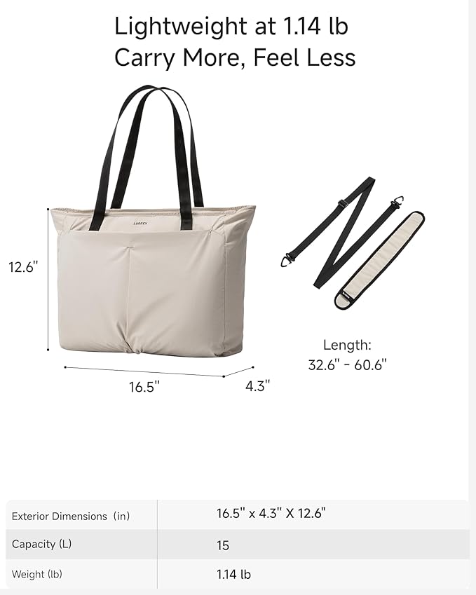 LUGGEX Laptop Tote Bag, LTX04 20L Lightweight Work Tote for 13-15.6 Inch Laptop, Water-Resistant Nylon Computer Shoulder Bag with Padded Sleeve, Bottle Holders & Luggage Strap (LTX04, Beige)