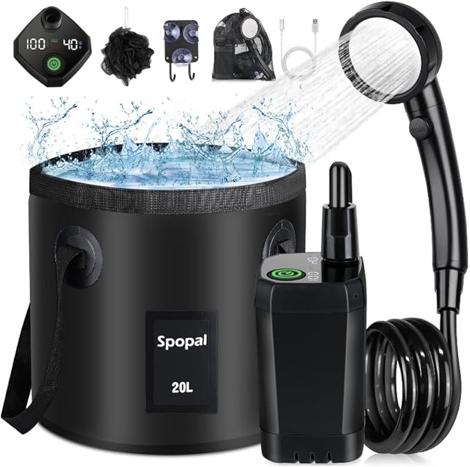 Spopal Portable Shower for Camping, Rechargeable Camping Shower with Collapsible Bucket with Handle 20L Intelligent LED Display, 4 Spray Modes, Outdoor Shower Kit for Hiking, Travel, Car, Pet 【Black】