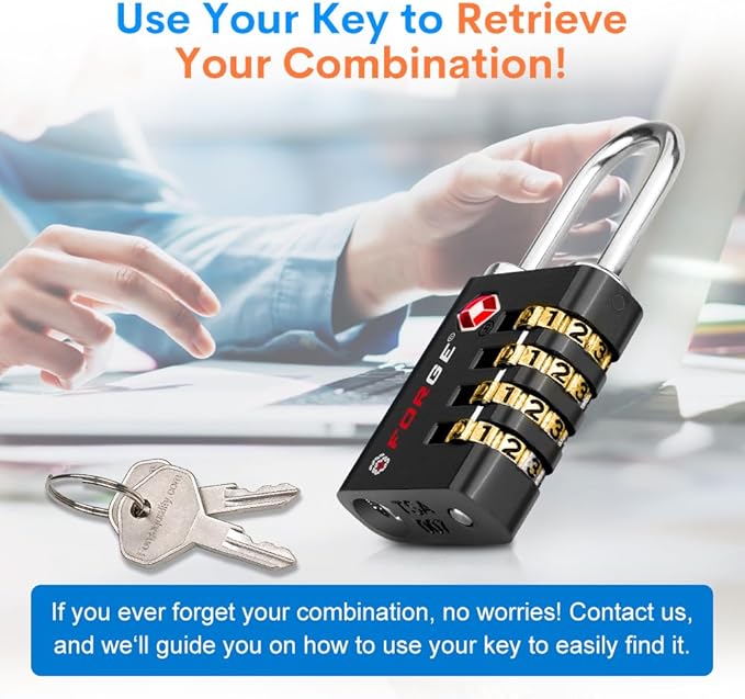 Forge Dual-Opening: Key or Combination Access Lock, Use Key to Recover Code If Forgotten, TSA Approved Locks for Luggage, Pelican case, Travel, Gym, School, Stainless Steel Shackle.(Black 6 Pk)