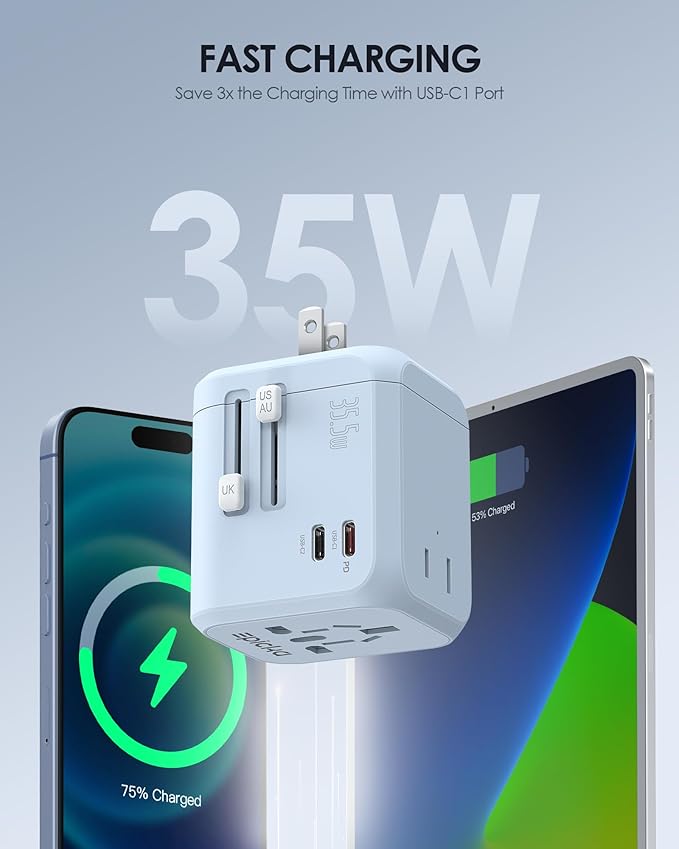 EPICKA 35W Universal Travel Adapter with 2 AC Outlet, European Travel Plug Adapter with PD Fast Charging, 6-Port (2 AC/2 USB-C/3 USB-A) International Power Adapter - Travel Essentials (TA-205, Blue)