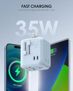 EPICKA 35W Universal Travel Adapter with 2 AC Outlet, European Travel Plug Adapter with PD Fast Charging, 6-Port (2 AC/2 USB-C/3 USB-A) International Power Adapter - Travel Essentials (TA-205, Blue)