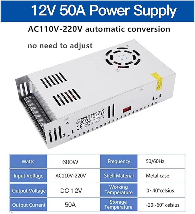 50A 600W 12V DC Power Supply, Universal Regulated Switching AC 110V/220V to DC Converter (SMPS) Transformer Driver Adapter for LED Strip Lights, CCTV Camera System, 3D Printer, Radio, Computer Project