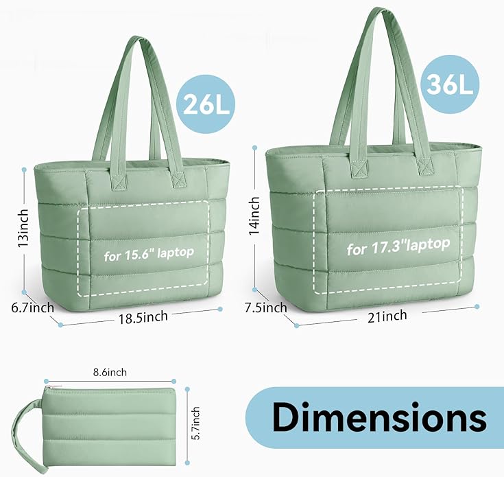 Puffer Tote Bag with Pouch,Women's Lightweight Quilted Shoulder Bag,15.6"/17.3" Laptop Travel Weekender for Work & Nurses