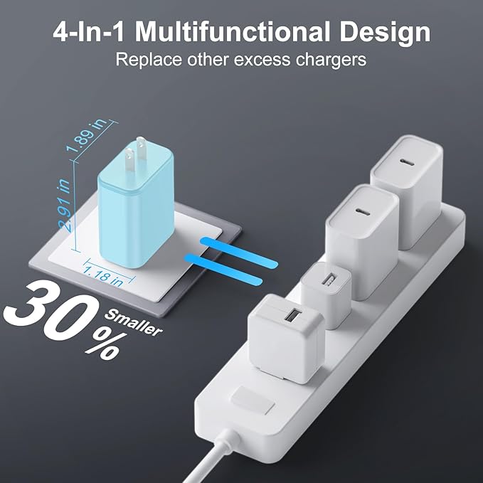 USB C Charger Block, 3-Pack 40W Wall Plug Fast Charging Block, 4-in-1 PD + QC Power Adapter Type C Charging Blocks Cube, Compatible with iPhone 17/16/15/14/13/12/11/Pro Max, Tablets（Blue）