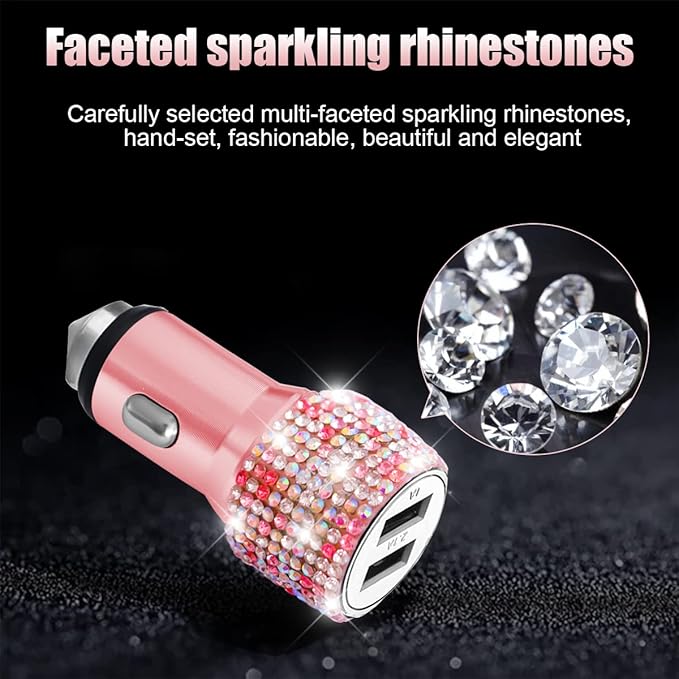 Bling Dual USB Car Charger with 3-in-1 Multi Fast Charging Cable, Dual Port Charger Adapter with Type C Micro USB Cord for iPhone, Android, Rhinestones Car Interior Accessories for Women(Pink)