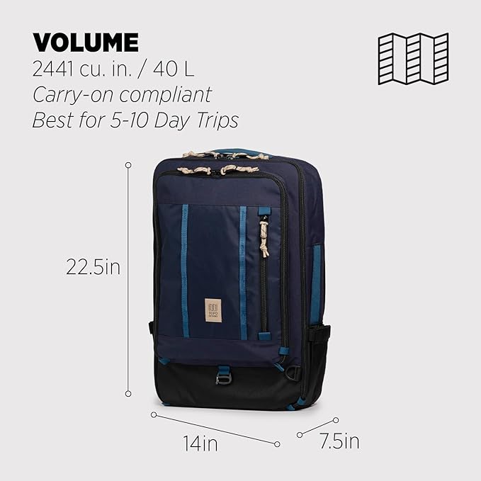 Topo Designs Global Travel Bag – 30L or 40L - Carry-On Compliant Most Airlines, Durable Travel Duffel Bag, Clam Shell Main Pocket, Laptop Sleeve, Backpack, Luggage (40L / Navy/Sahara)